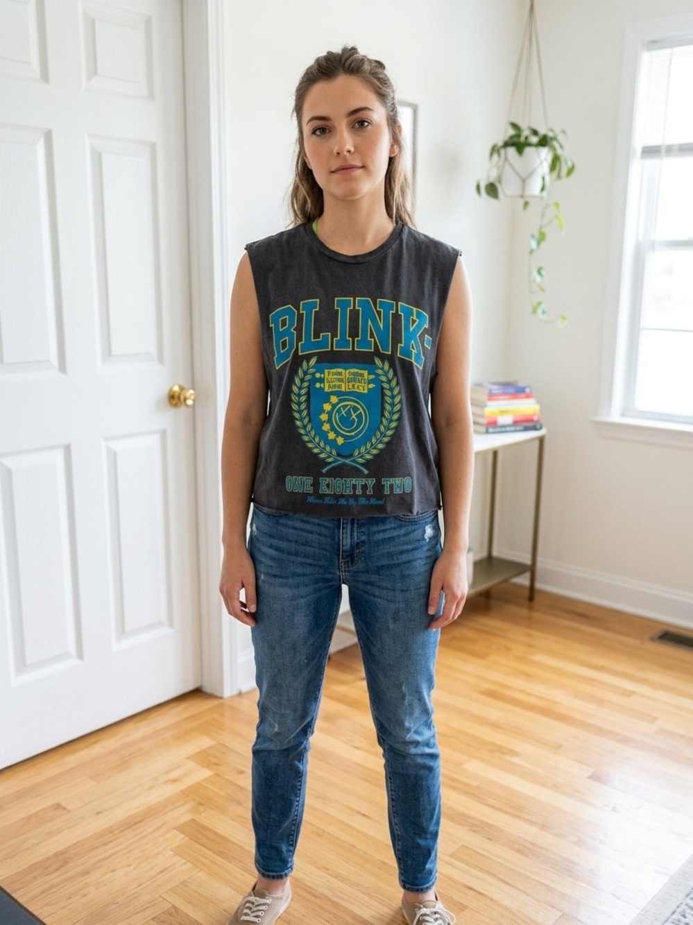 BLINK Cropped Muscle Tee — Charcoal with Teal and Lime Graphic